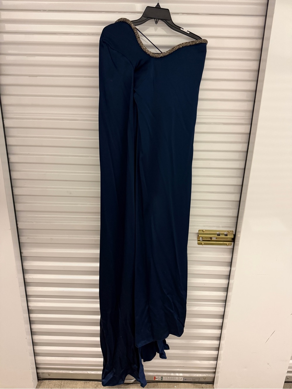 One-Shoulder Navy Evening Gown with Metallic Trim